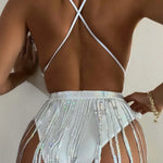 New Shiny One Piece Swimsuit Sexy White Snakeskin Print Deep V Neck Swimwear Backless Bathing Suit Sequin Tassel Skirt Monokini