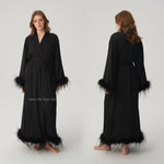 Satin Feather Trim Bridal Morning Gown for Women Long Sleeve Belted Maxi Robe Elegant Soft Home Bathrobe Sleepwear Loungewear