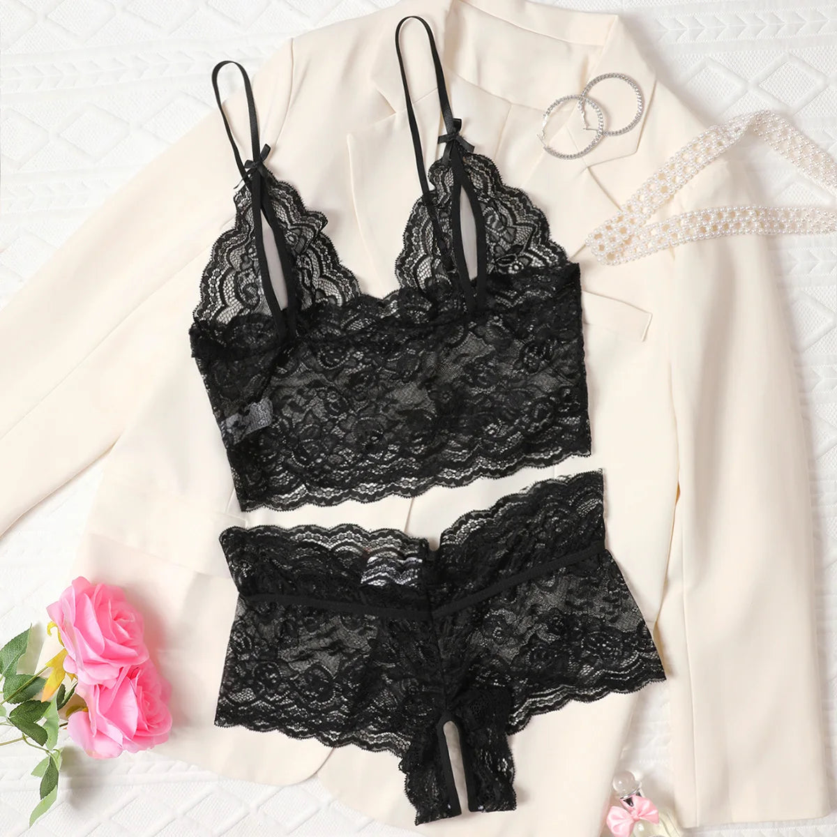 Pullover Open Bra See Through Fancy Underwear Uncensored Luxury Lace Hollow Sets Crotchless Outfits Intimate No Pad Wireless