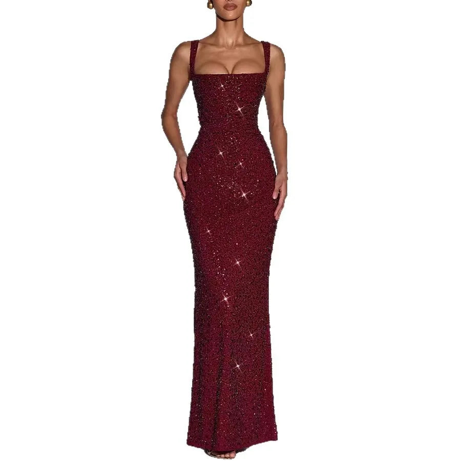 Women's Sequin Maxi Dress Burgundy Square Neck Sleeveless Bodycon Evening Gown Formal Party Prom Cocktail Mermaid Long Dresses