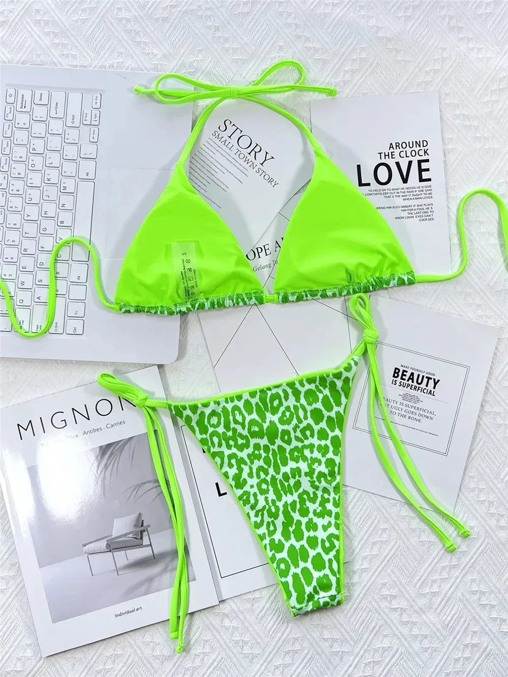 Pink Leopard Print Swimwear String Halter Triangle Bikini Set Micro Thong Sexy Swimsuit Women 2026 Bating Suit Bikinis De Mujer