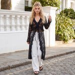 Women Casual Lightweight Floral Lace Ruffles Cover-ups Long Duster Summer Solid Color Tie Front Cardigan