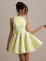 Tank A-Line Mini Dress For Women Fashion Sexy Streetwear Floral Printed Sleeveless Halter Neck Backless Lace-up Vestidos Female