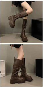 2026 New Vintage Thick Bottom Woman Knee High Boots Fashion Belt Buckle Zippers Shoes Female Knight Long Booties Shoes
