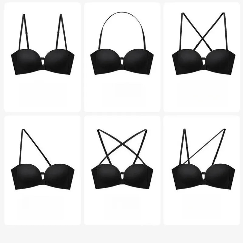 Front Closure Strapless Bras For Women Seamless Push Up Brassiere Thick Soft Underwear Solid Color Adjustable Invisible Lingerie