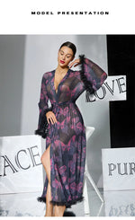 2026 New Women Elegant Butterfly Print Mesh Robe Big Flare Sleeve Lace Up Tassel Fringe High Slit Bathrobe Loungewear