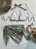 Vintage Green Tie Dye Gradient Bikini Set 2026 Women Pearls Push Up Bra Cover Up 3 Piece Swimsuit Bathing Suit Holiday Swimwear