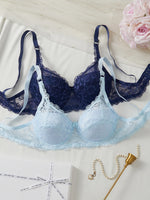 2Pcs Women's Sexy Bras Floral Lace Thin Push-Up Brassiere No Lining Cutout Breathable Underwear