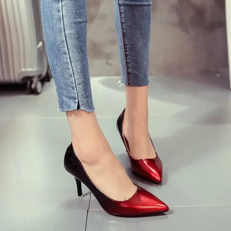 Gradient color patent leather women's shoesspring and summer new pointed shallow mouth sexy stiletto heels work shoes drf56