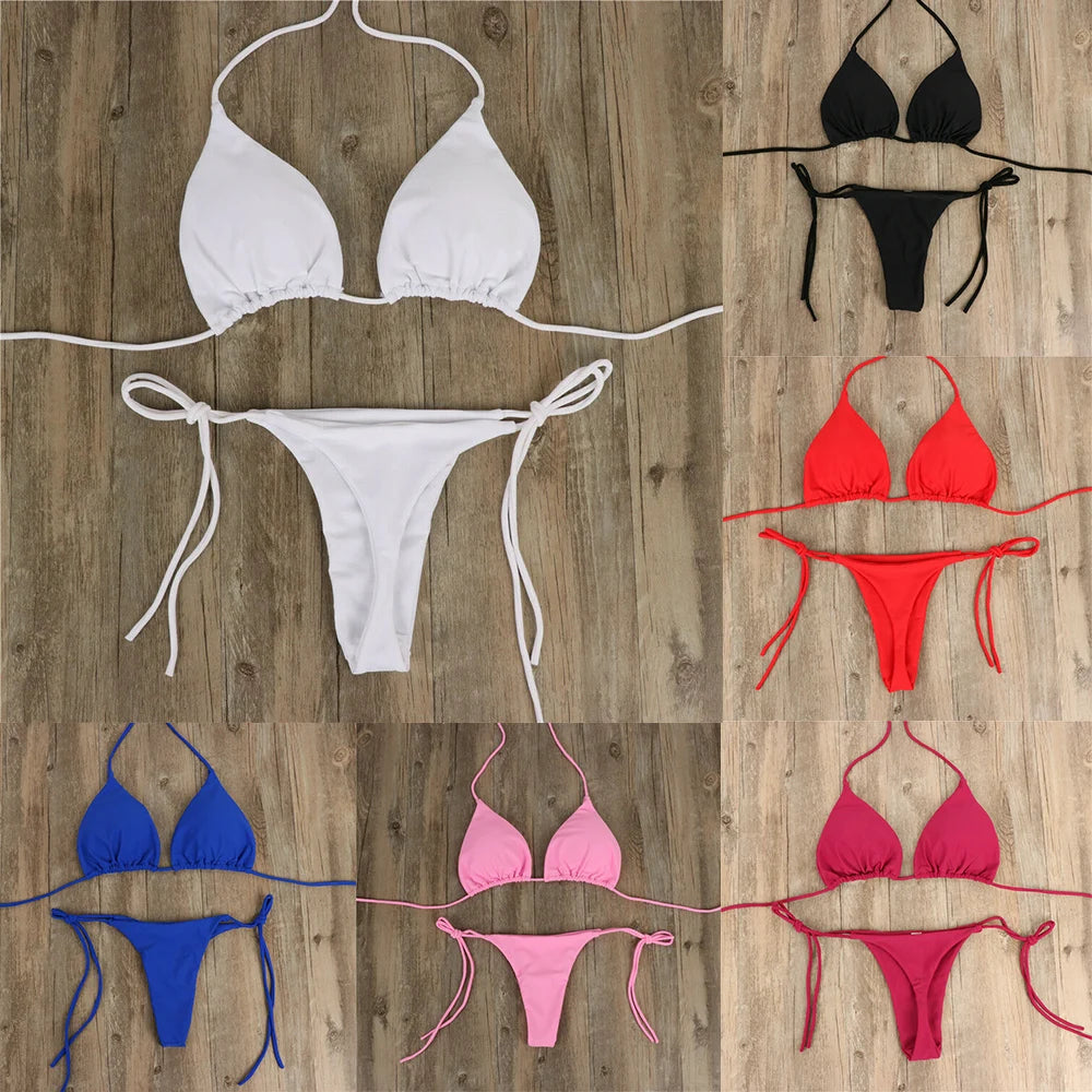 Women Thong Bikini Set Side Tie Sexy Swimsuit Bandage Style Brazilian Swimwear Woman Clothing Red/Blue/Black/White/Wine Red/Pink