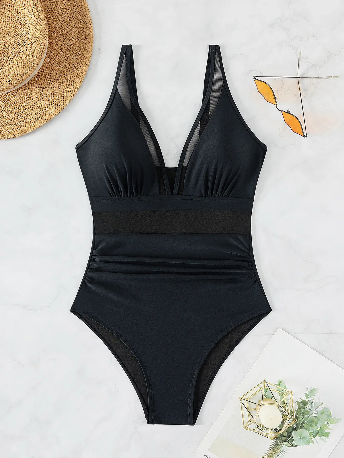 Sexy Black One Piece Swimsuit 2026 Women Mesh Patchwork Transparent Tummy Control Swimwear Bathing Suit See Through Monokini