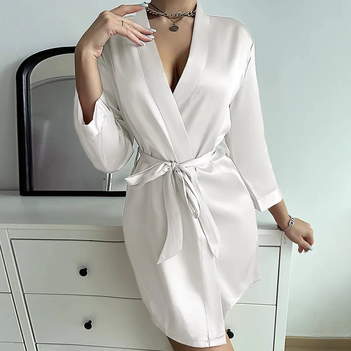 Pajamas women summer European and American ladies lace-up bathrobe sexy morning gown home dress can wear ice silk robe