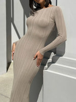 Women Spring Autumn Solid Color Bodycon Knit Dress Long Sleeve Crew Neck Ribbed Dress Slim Fit Long Dress