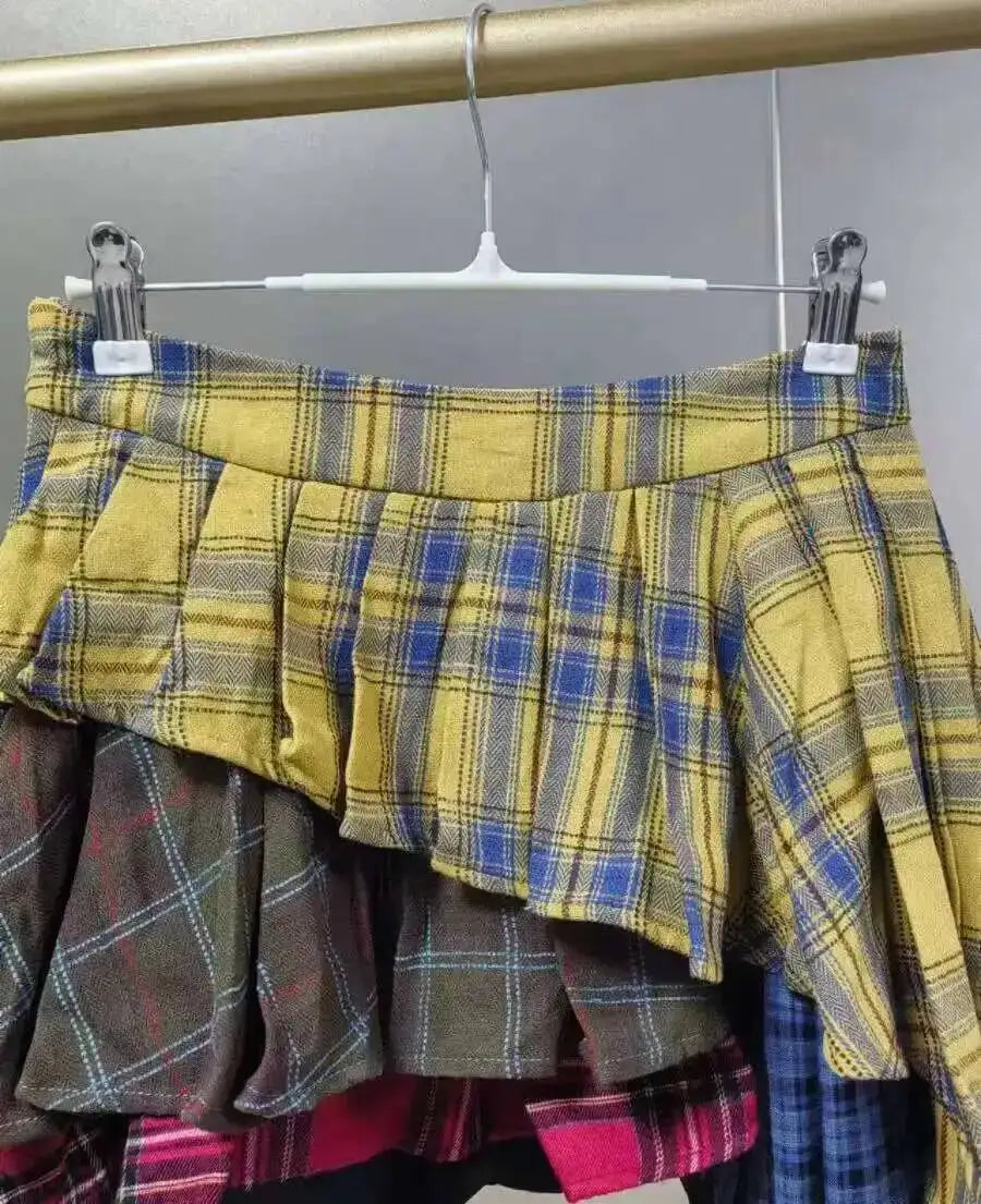 Real Photo Autumn Trend New Fashion Cotton Plaid Patchwork Irregular Skirt High Waist Pants Skirt Women's Streetwear Y2K X6CQ