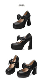 Plus Size Women's Bow Mary Janes Platform Chunky Heels Ankle Strap High Heel Pumps Sweet Lolita Party Dress Shoes