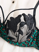 3/4 cup gathered netted lace lingerie set - green leopard print black floral embroidered bra and panties set ZA825183
