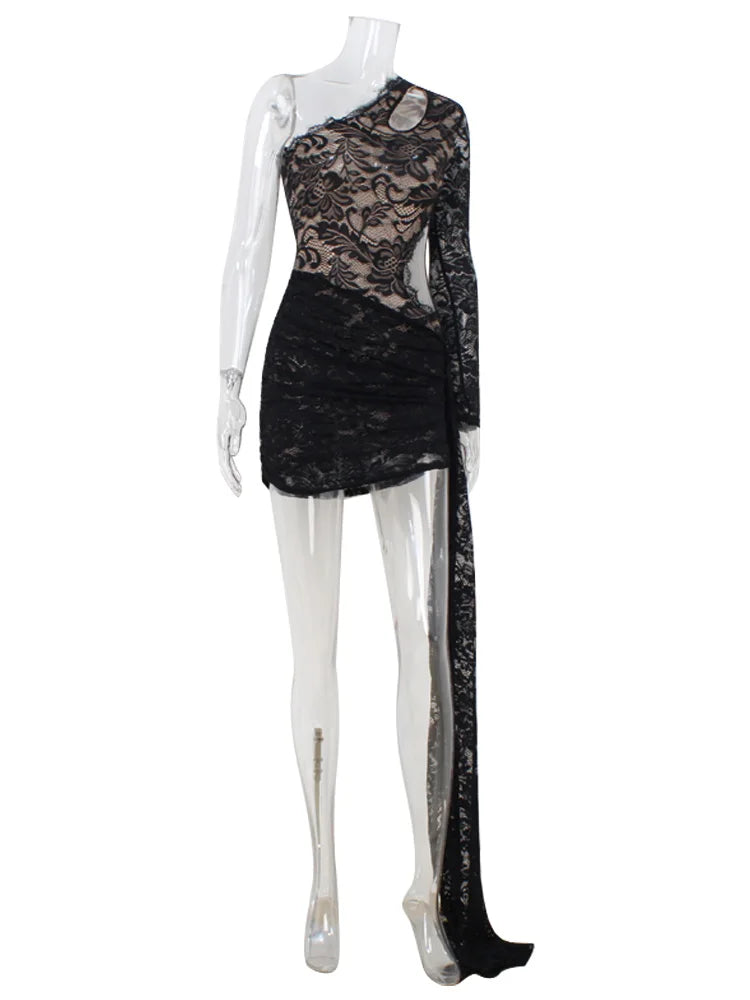 Ahagaga Sexy Sheer Women's Mini Dresses Lace Solid Sheath Long Sleeves One Shoulder Ribbon Sheath Slim Fit Streetwear Vestidos