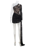 Ahagaga Sexy Sheer Women's Mini Dresses Lace Solid Sheath Long Sleeves One Shoulder Ribbon Sheath Slim Fit Streetwear Vestidos