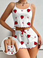 New Strawberry Print Sleepwear Set Women's Ribbed Pajamas with Hearts & Bow Soft Comfy Lounge Set with Shorts Cute Summer PjGift