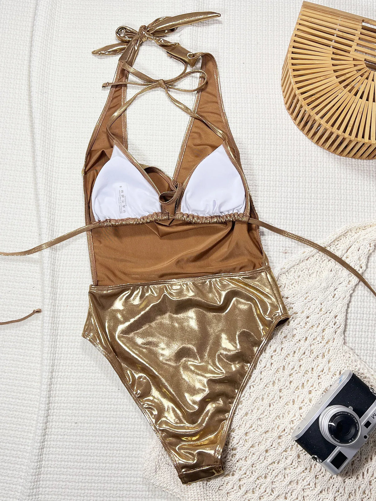 Shiny Brozing Gold Swimwear Women 2026 Ruffles V Neck Backless Bandage Tummy Control Holiday Bathing Suits One Piece Swimsuit