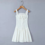 Foridol Bowknot Smocked White Short Dress Women Summer Cotton Mini Sleeveless Tank Sundress Beach Chic Buttons Dress for Petite