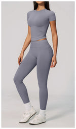 2PCS Women's Tracksuit Seamless Yoga Set Short Sleeve O Neck Workout T Shirts Fitness Suit Tight Hip Lifting Leggings Gym Sets