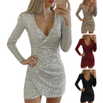 Spring Summer Women Dress Sequin Deep V Neck Slim Long Sleeves Slim Fit Pleated Party Club Short Dress Dating Prom Mini Dress