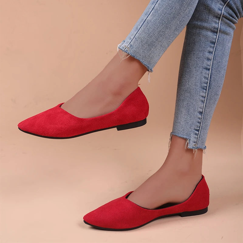 Women Suede Pointed Toe Flat Shoes V‑Cut Slip On Soft Sole Large Size Multi‑Color Casual Comfort Dress Daily Office Ballet Flats