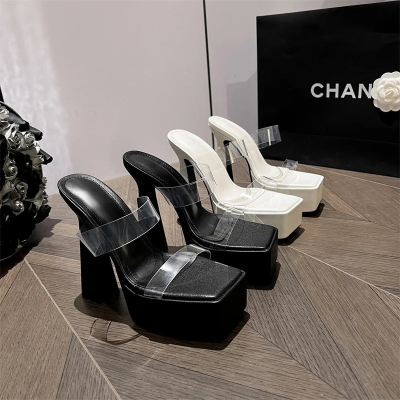 Black White Chunky Platform Slippers Women Street Sexy Square Toe Super High Heels Transparent Shoes Sandals Zapatos Mujer