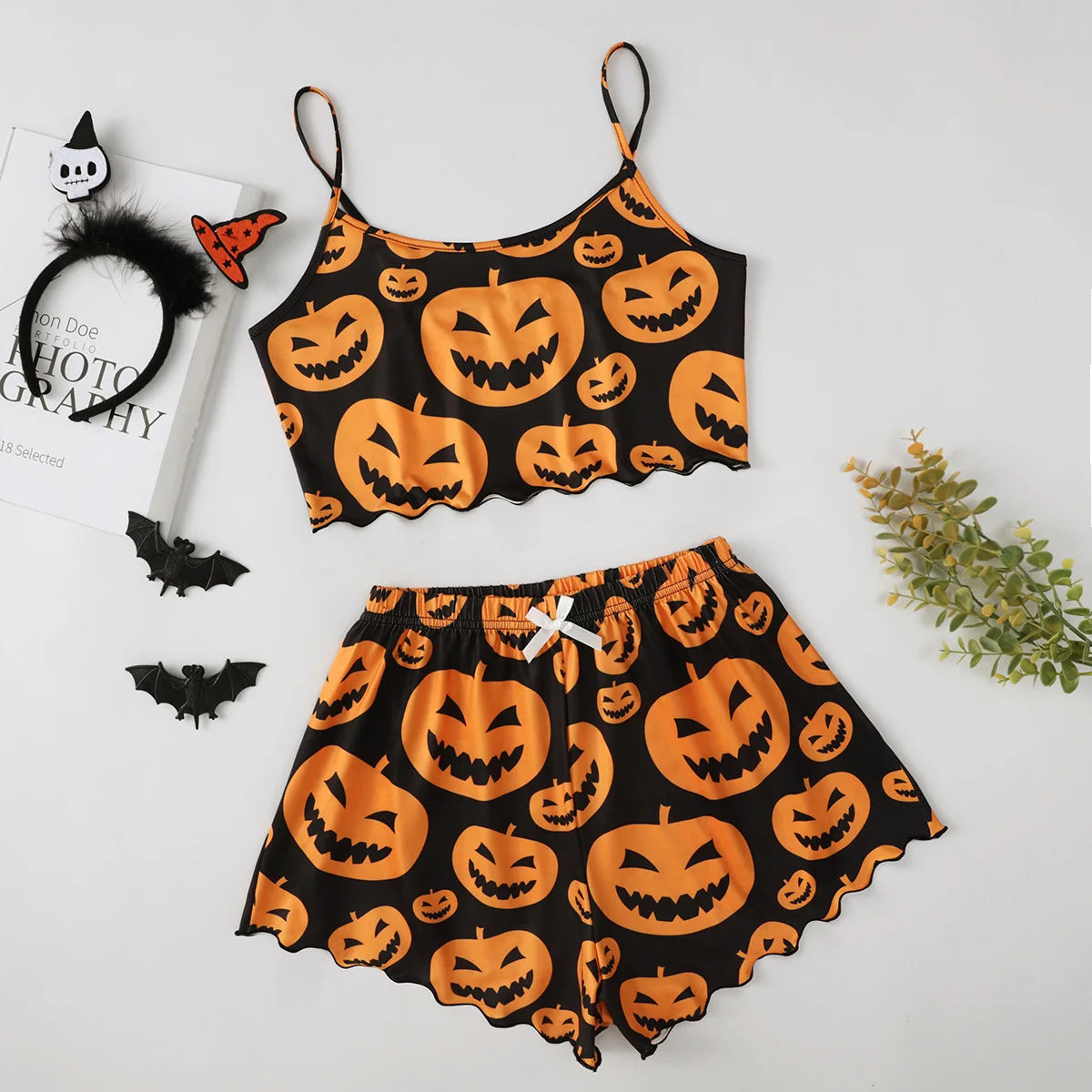 Halloween Devil Pumpkin Print Pajamas Set for Women Sleepwear Short Sleeve Tops and Shorts Set Underwear Nightwear
