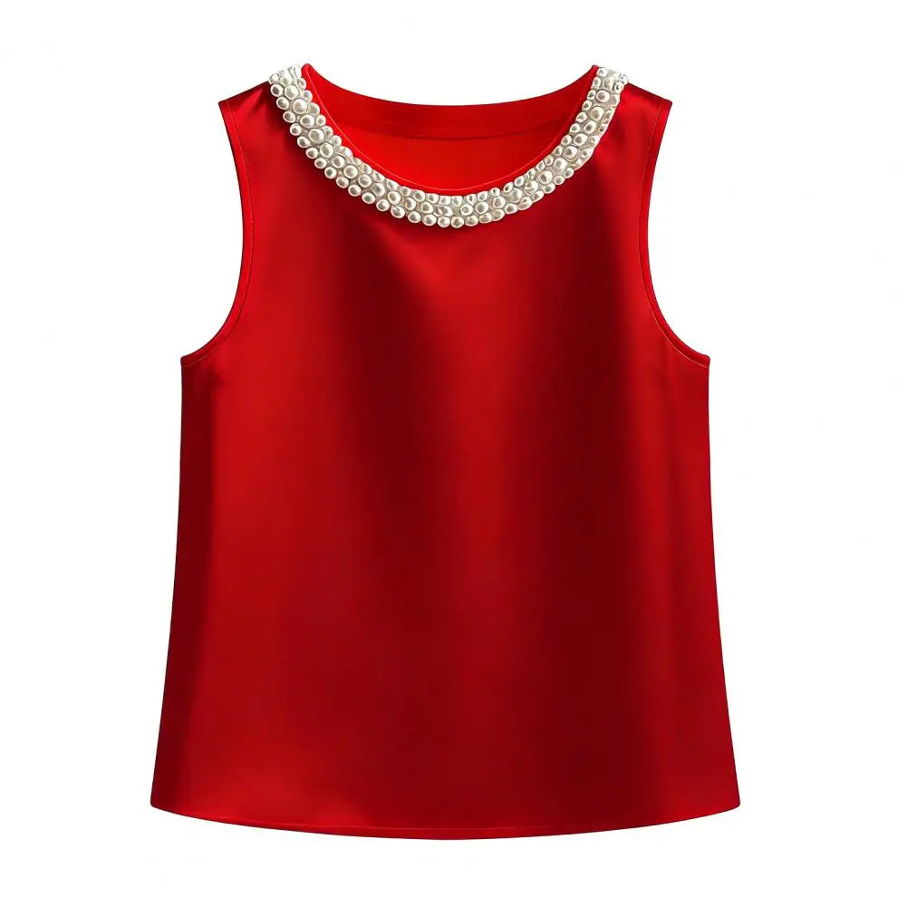 Women Vest Silky Satin Sleeveless Tops With Faux Pearls Collar Loose Fit Summer Tops Formal Semi-Formal Wear Women Blouse