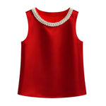 Women Vest Silky Satin Sleeveless Tops With Faux Pearls Collar Loose Fit Summer Tops Formal Semi-Formal Wear Women Blouse