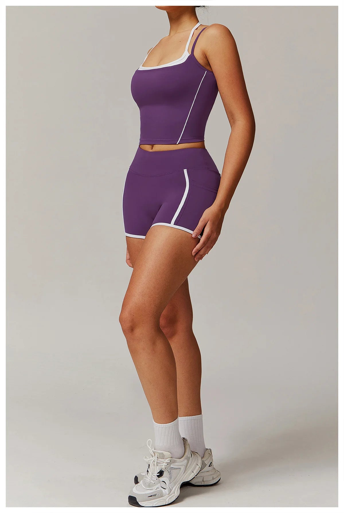 Yoga Shorts Sets Fake Two Piece Hanging Neck Shockproof Vest High Waist Pants Fitness Suit Breathable Women's Tight Sports Set