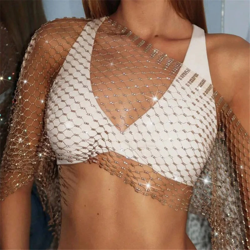 Women's Rhinestone Fishnet Mesh Top Sheer Sparkly One Shoulder Cover Up Crop Top Party Clubwear Festival Night Out Top