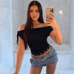 FDYOUI Women's Diagonal Collar Gray T-shirts Y2K Female Off Shoulder Lace-up Holes Cropped Tops Casual Black T Shirt Streetwear