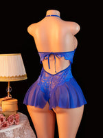 Adult Erotic Bodysuit Lace Hanging Collar Deep V-neck Semi Transparent Women Sexy Lingerie Crotchless Hot Underwear