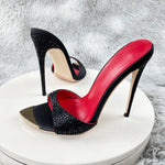 Diamond Black print high heeled slippers for women with thin heels, pointed toes exposed toes soles high heels 12cm sexy sandals