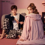 Unisex Men Women Warm Loungewear Dressing Gown Winter Thickened Coral Fleece Kimono Bathrobe with Star Pockets