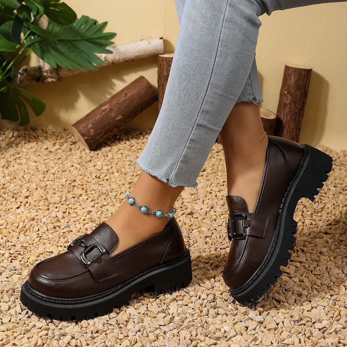 Women Metal Buckle Platform Loafer Shoes Slip On Chunky Lug Sole Round Toe Vintage Preppy Casual Dress Shoes