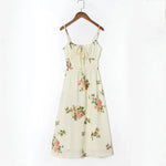 Spaghetti Strap Lace Up Beige Chiffon Summer Dress Sexy Slip Midi Sleeveless Dress Robe Big Flower Print Women Beach Dress Boho