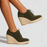 2026 Big Size 43 Vintage Brown Black Pointy Toe Lace-up High Heels Espadrilles Pumps Comfy Walk Office Lady Wedges Shoes Women