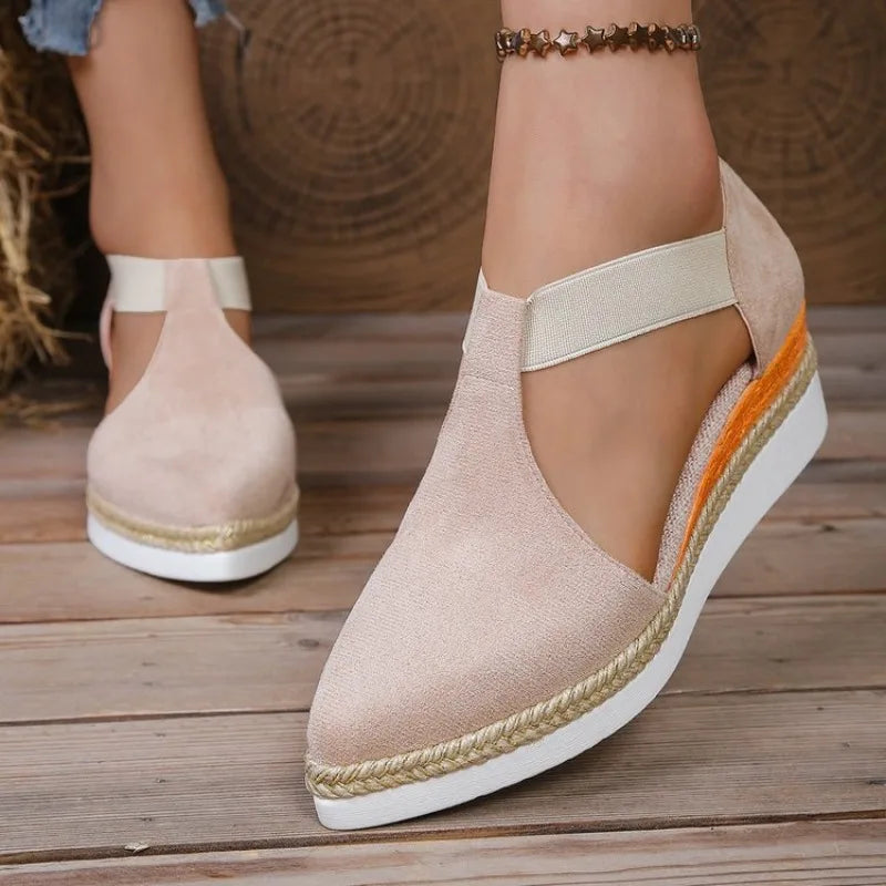 Women Closed Toe Wedge Sandals Summer Fashion Solid Color Pointed Elastic Band Elegant Comfortable Sandals for Women