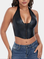 Pure Color Fishbone Shapewear Top Women's PU Leather Neck Buttoned Vest Market Style Underwear And Clothing
