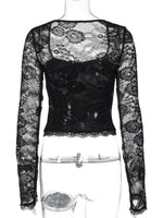 FDYOUI 2026 New Lace Patchwork Long Sleeve T-shirts for Women Square Collar See-through Slim Crop Tops White Black Tee Shirt