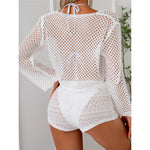 V Neck Long Sleeve Hollow Out Crochet Knitted Tunic Beach Dress Beach Wear Beachwear Beach Cover Up Cover-upsFemale Women V7192
