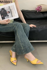 Ladies French Office OL High-heeled Slippers Shoes Fashion Pointed Sexy Women Open Toes Stripper Slides New 2026 Sandals Yellow