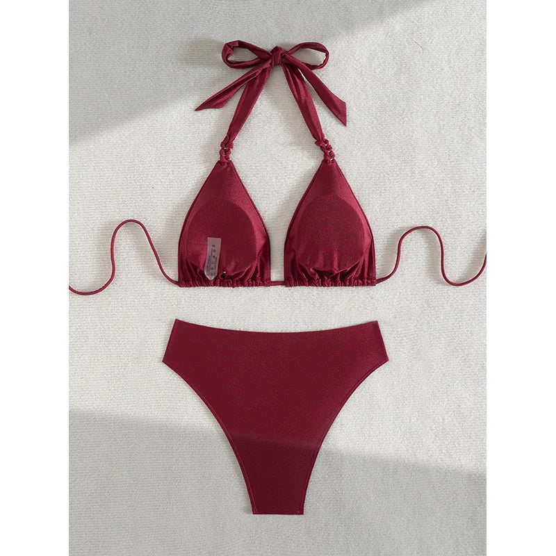 Wine Red High Waisted Bikini 2025 New Brazilian Biquini Triangle Swimsuit Women Beach Wear Bathing Suit Swimwear Female Summer