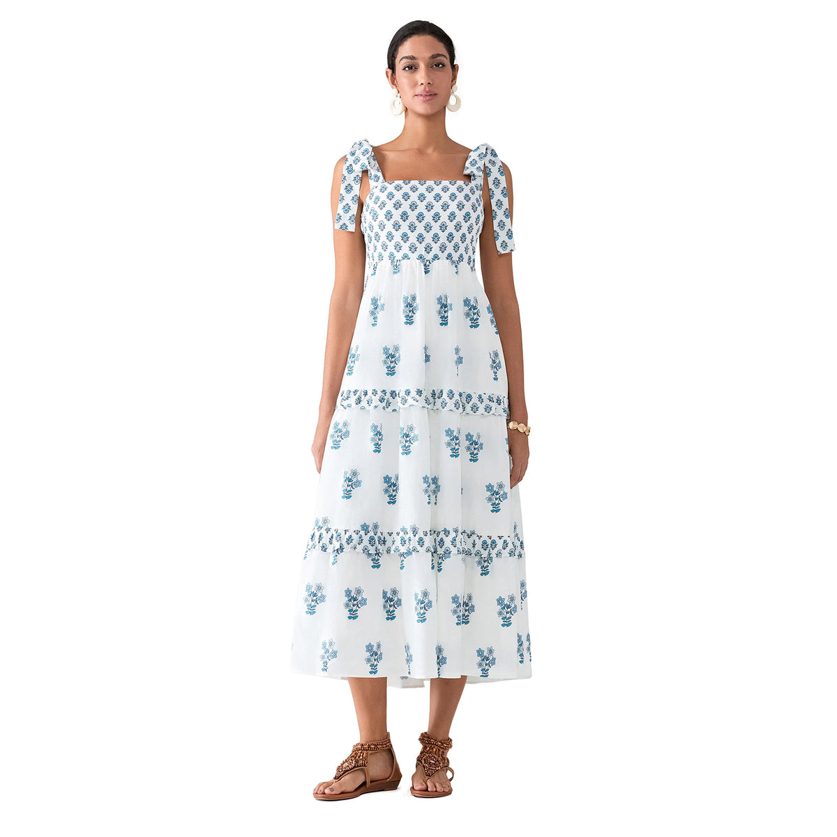 Flower Print Tie Strap Swing Dress Women A-Line Square Neck Tiered Ruffled Summer Bohemian Beach Long Tank Dress