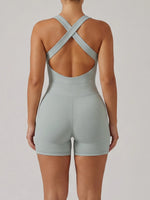 Cross Exposed Back Shaping Nude Yoga Jumpsuit Women Summer Sleeveless Pleate Slim Hip Lifting Short Sport Fitness One Piece Suit