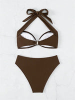 Sexy Front Tie Bikini Set Women Brown Halter Push Up Padded Micro Swimsuit 2025 Summer Bathing Suit High Waist Swimwear Biquini